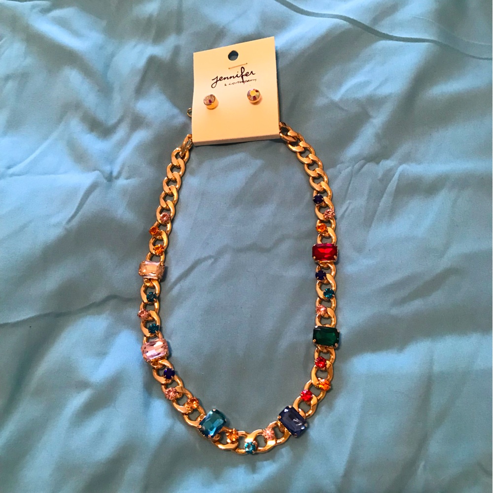 Gold Chain Multi Colored Jeweled Necklace w/ crystal earrings!